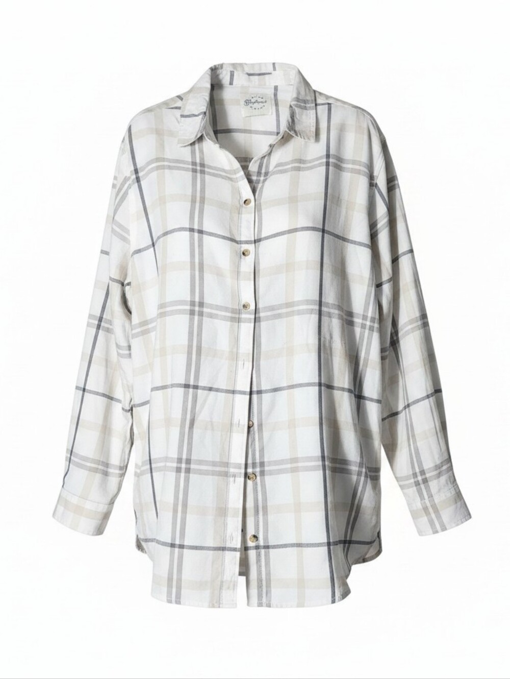 JACHS Girlfriend White Plaid Button-Down Shirt with Beige & Gray Stripes